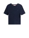 Tommy Hilfiger Short Sleeve Cable Knit Crew Top In Black