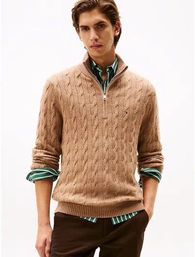 Tommy Hilfiger Lambswool Cable Knit Quarter In Brown