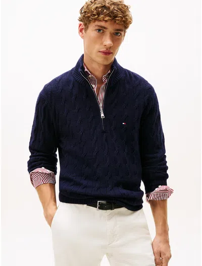 Tommy Hilfiger Lambswool Cable Knit Quarter In Blue