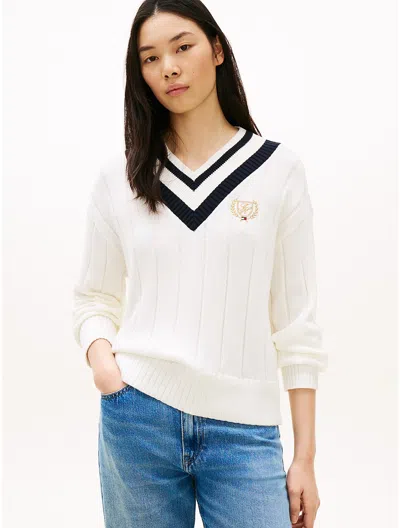 Tommy Hilfiger Laurel Leaf Logo Cricket Sweater In White