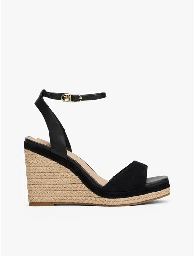 Tommy Hilfiger Leather & Suede Wedge Espadrille Sandal In Black