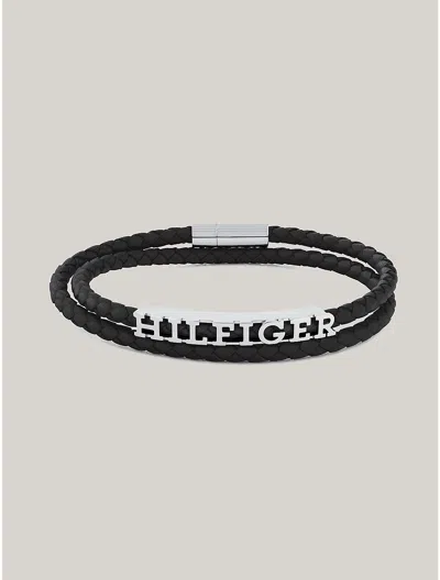 Tommy Hilfiger Leather Braided Double Bracelet In Black