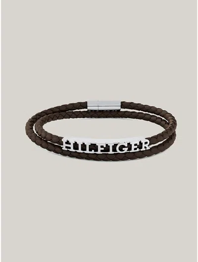 Tommy Hilfiger Leather Braided Double Bracelet In Brown