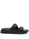 Tommy Hilfiger Leather Buckle-strap Slides In Black