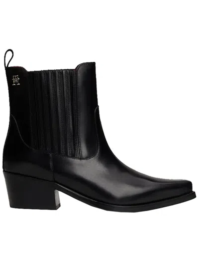 Tommy Hilfiger Leather Cowboy Boot Shoes In Black