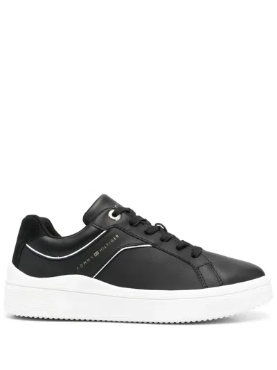 Tommy Hilfiger Leather Logo-print Sneakers In Black