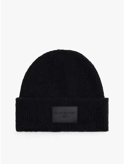 Tommy Hilfiger Leather Patch Logo Wool Beanie In Black