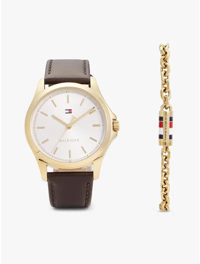 Tommy Hilfiger Leather Watch & Chain Bracelet Gift Set In Brown