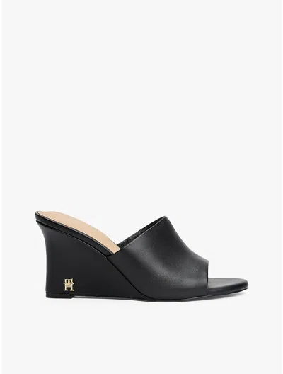 Tommy Hilfiger Leather Wedge Sandal In Black