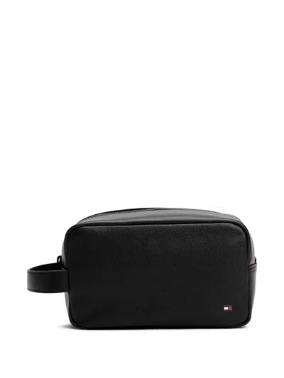 Tommy Hilfiger Leather Zip-top Wash Bag In Black