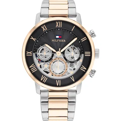 Tommy Hilfiger Legend Skeleton Two Tone Bracelet Watch In Black/ Two Tone