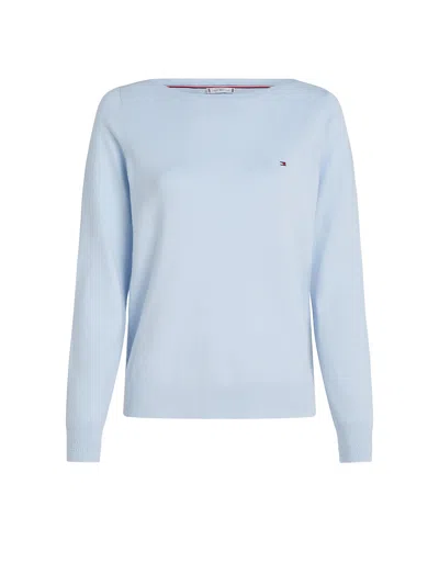 Tommy Hilfiger Light Blue Crew-neck Sweater With Mini Logo In Breezy Blue