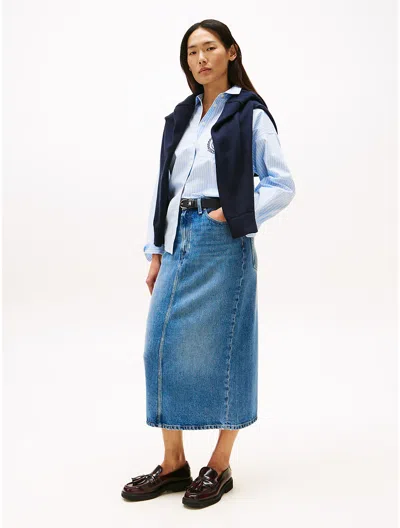 Tommy Hilfiger Lightweight Denim Straight Midi Skirt In Blue