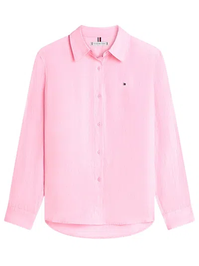 Tommy Hilfiger Linen Button-up Shirt With Long Sleeves And Classic Collar In Pink