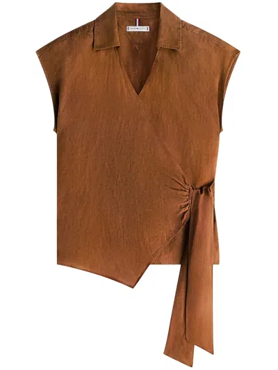 Tommy Hilfiger Linen Knot Top In Brown