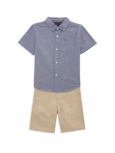 Tommy Hilfiger Babies' Little Boy's 2-piece Logo Shirt & Shorts Set In Blue