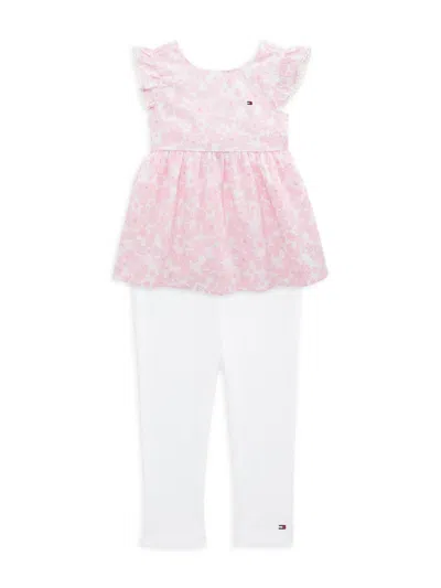 Tommy Hilfiger Kids' Little Girl's 2-piece Floral Top & Ribbed Pants Set In Pink White