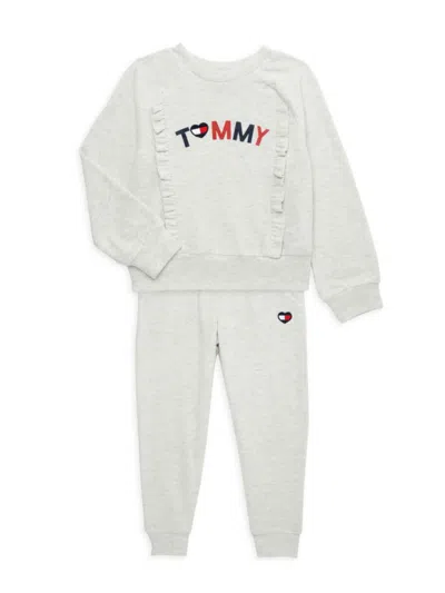 Tommy Hilfiger Kids' Little Girl's 2-piece Hacci Ruffle Sweatshirt & Joggers Set In Grey