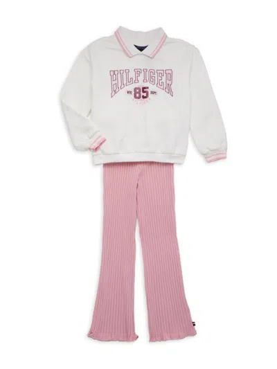 Tommy Hilfiger Kids' Toddler And Little Girls Fleece Polo Pullover And Chunky Rib Knit Pants 2-piece Set In Pink