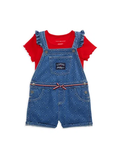 Tommy Hilfiger Babies' Little Girl's 2-piece Logo Tee & Denim Romper Set In Blue Red