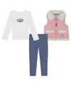 TOMMY HILFIGER TODDLER AND LITTLE GIRLS LONG SLEEVE RIBBED LOGO TEE, SHERPA VEST AND LEGGINGS, 3 PIECE SET