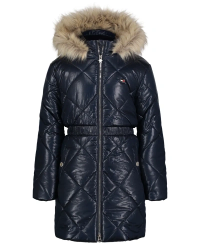 Tommy Hilfiger Babies' Little Girls Diamond Quilt Long Hooded Puffer Jacket In Navy