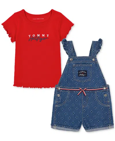 Tommy Hilfiger Kids' Toddler Girls Ribbed Logo T-shirt & Printed Denim Shortall, 2 Piece Set In Assorted