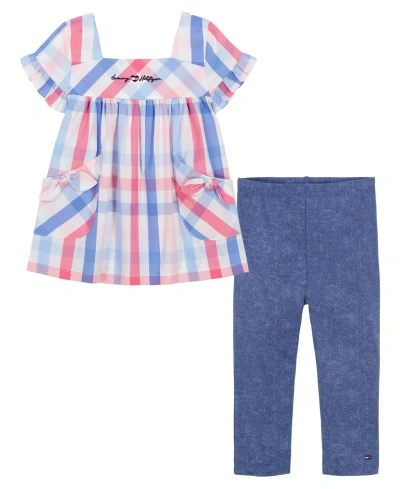 Tommy Hilfiger Kids' Little Girls Short Sleeve Plaid A-line Tunic Top And Capri Jeggings, 2 Piece Set In Multi