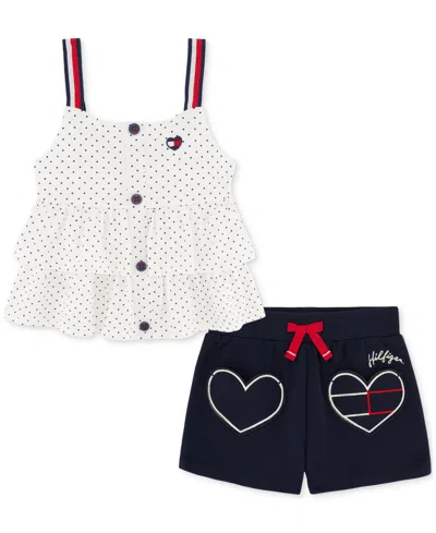 Tommy Hilfiger Kids' Toddler Girls Tiered Jersey Babydoll Top & French Terry Logo Shorts, 2 Piece Set In Assorted