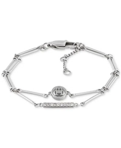 Tommy Hilfiger Logo & Pave Bar Double-row Flex Bracelet In Silver