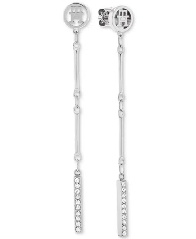 Tommy Hilfiger Logo & Pave Bar Linear Drop Earrings In Silver