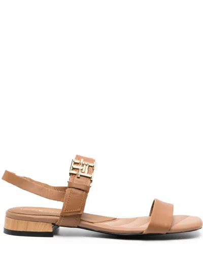 Tommy Hilfiger Logo-buckle Leather Sandals In Brown