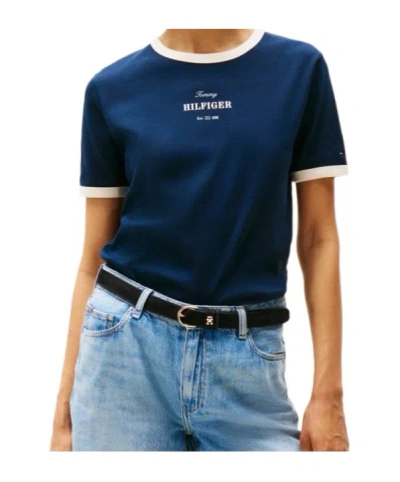 Tommy Hilfiger Two-toned Embossed-logo T-shirt In Blue