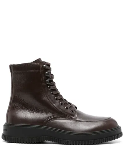 Tommy Hilfiger Logo-debossed Leather Boots In Brown