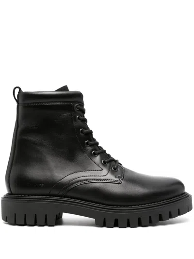 Tommy Hilfiger Logo-embossed Leather Boots In Black