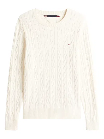 Tommy Hilfiger Logo-embroidered Cable-knit Sweater In Neutral
