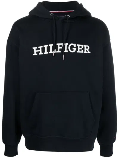 Tommy Hilfiger Logo-embroidered Drawstring Hoodie In Blue