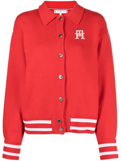 Tommy Hilfiger Logo-embroidered Ribbed-knit Cardigan In Red