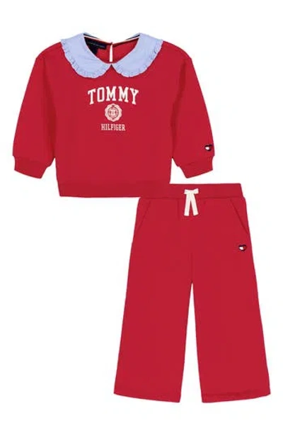 Tommy Hilfiger Babies'  Logo Peter Pan Collar Pullover & Wide Leg Pants Set In Red