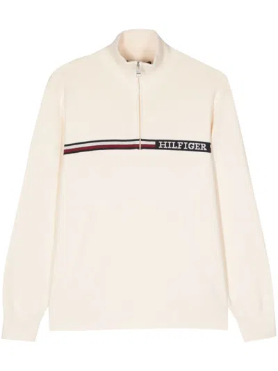 Tommy Hilfiger Logo-print Half-zip Jumper In Neutrals