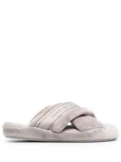 Tommy Hilfiger Logo-print Strap Slides In Grey