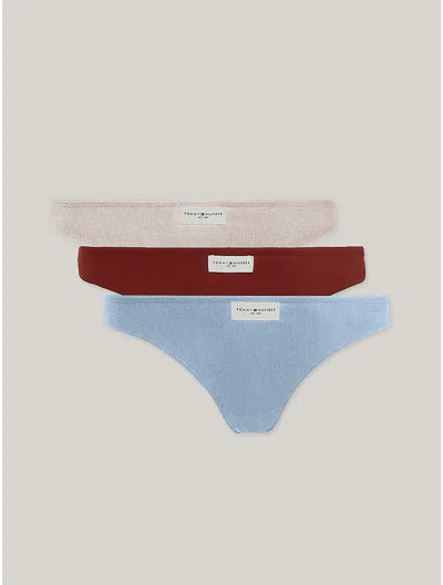 Tommy Hilfiger Logo Ribbed Thong 3 In Breezy Blue/dark Magma/bare There