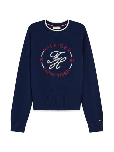 Tommy Hilfiger Logo Embroidery Relaxed Crew Neck Jumper In Blue