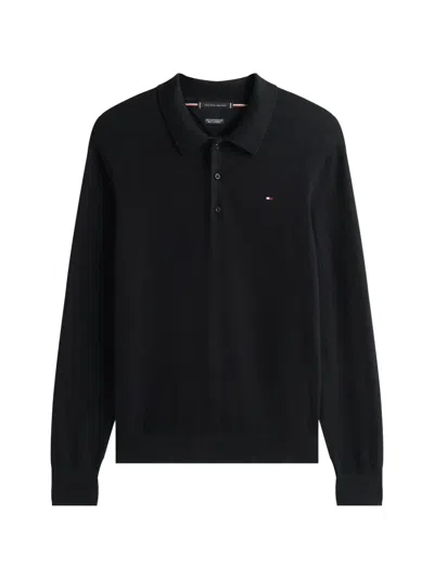 Tommy Hilfiger Logo-embroidered Long-sleeve Polo Shirt In Black