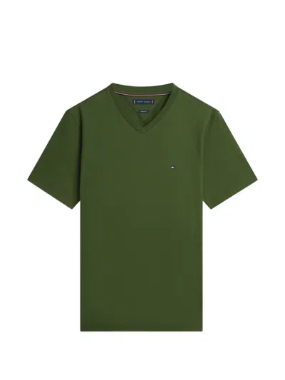 Tommy Hilfiger Logo-embroidered V-neck T-shirt In Green