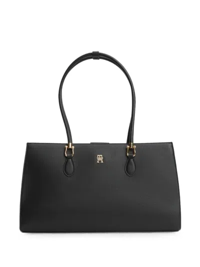 Tommy Hilfiger Logo-plaque Grained-texture Shoulder Bag In Black