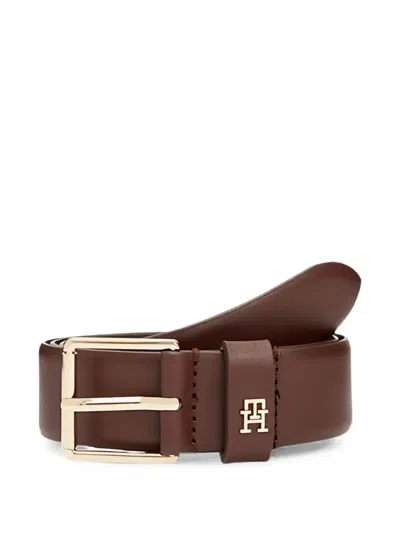 Tommy Hilfiger Logo-plaque Leather Belt In Brown