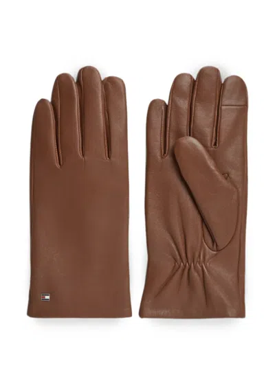 Tommy Hilfiger Logo-plaque Leather Gloves In Brown