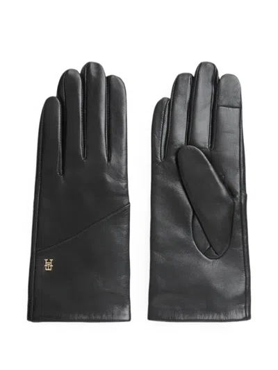 Tommy Hilfiger Logo-plaque Leather Gloves In Black