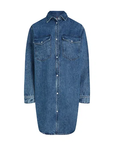 Tommy Hilfiger Long Denim Shirt Dress In Dark Wash